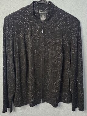 Kwomen Black Zip Front Jacket with Swirl Sparkel Dot Pattern